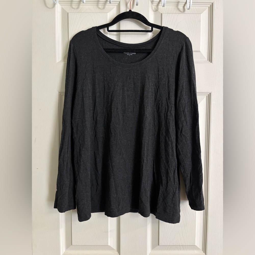 Eileen Fisher Charcoal Scoop Neck Long-Sleeve Quiet Luxury Basic Top
